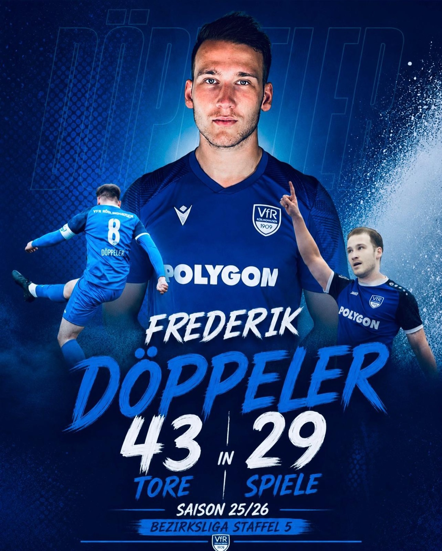 85 Tore in zwei Bezirksliga-Saisons 😮‍💨

Unser Capitano, Frederik Döppeler, toppt seinen Torrekord aus dem Vorjahr und kürt sich mit 43 Toren zum erneuten Torschützenkönig der Bezirksliga Staffel 5. 👑 

Frederik war damit maßgeblich am Erfolg des Teams beteiligt. Weiterhin viel Erfolg bei der Torejagd für den VfR! 💪🏼

#vfrrueblinghausen #blauundweiss #birkendrust #döppeler