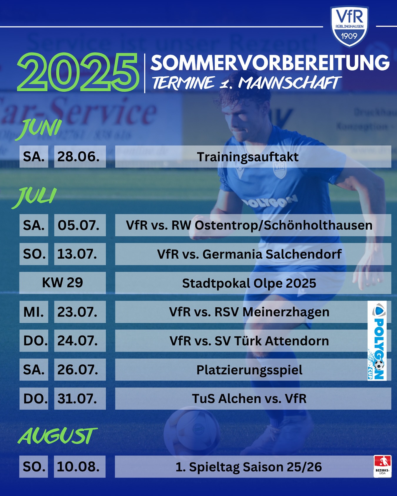 Saisonvorbereitung 2025/26 🏋️ 

Am Samstag geht’s für die 1. Mannschaft nach vier Wochen Sommerpause endlich wieder auf den Rasen.

Drei Testspiele, zwei Turnierteilnahmen und zahlreiche Trainingseinheiten stehen bei der Wasem-Elf auf dem Plan. ⚽️

Die genauen Spieltermine sowie Gegner des Stadtpokals stehen noch aus. Wir informieren zeitnah über die entsprechenden Ansetzungen.

#vfr1909 #rüblinghausen #blauundweiss #birkendrust #vorbereitung #preseason #salchendorf #olpe #meinerzhagen #attendorn #alchen