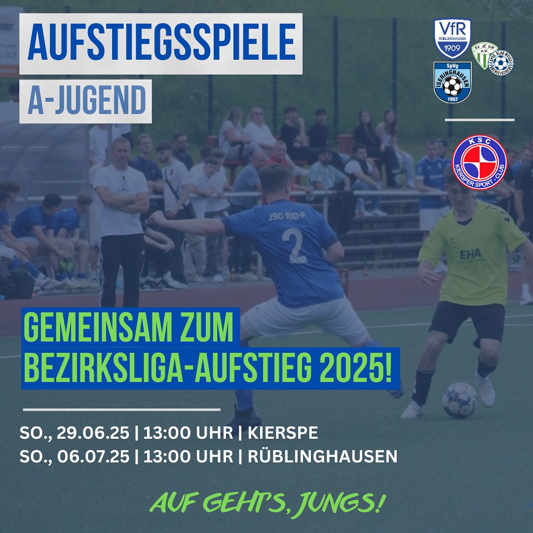 A-Jugend bestreitet die Aufstiegsrunde 💪🏼

Unsere Jungs kämpfen an den kommenden beiden Sonntagen um den Aufstieg in die Bezirksliga. Gegner ist jeweils die A-Jugend des Kiersper SC.

Darum rufen wir gemeinsam mit unseren JSG-Vereinen @spvg.iseringhausen1982 und @sg_luetringhausenoberveischede zu zahlreicher Unterstützung auf! 📣 

Kommt vorbei, feuert unser Team an und seid Teil dieser Mission! ⚽️

#jsgrilo #aufstiegsspiel #rüblinghausen #iseringhausen #lütringhausen #oberveischede #kierspe